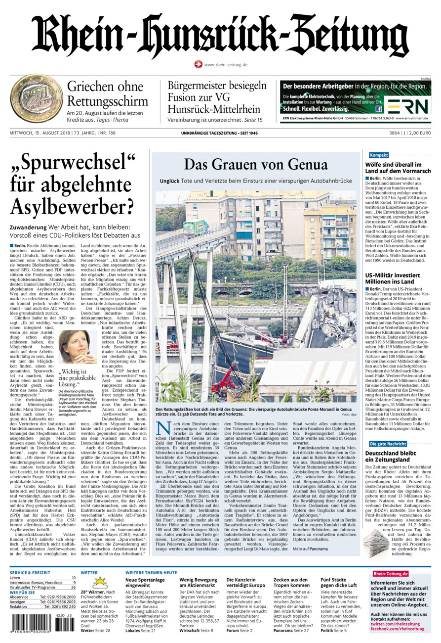 Rhein-Hunsrück-Zeitung vom Mittwoch, 15.08.2018