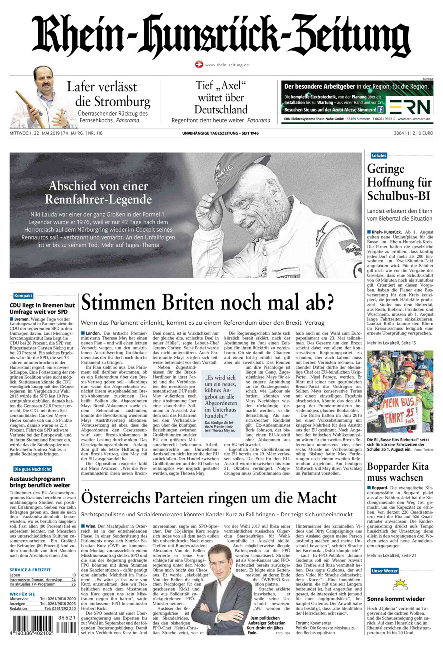 Rhein-Hunsrück-Zeitung vom Mittwoch, 22.05.2019