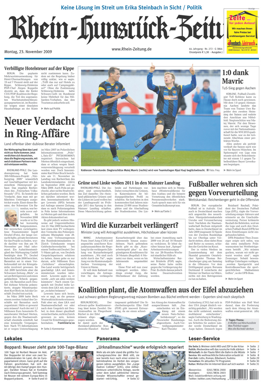 Rhein-Hunsrück-Zeitung vom Montag, 23.11.2009
