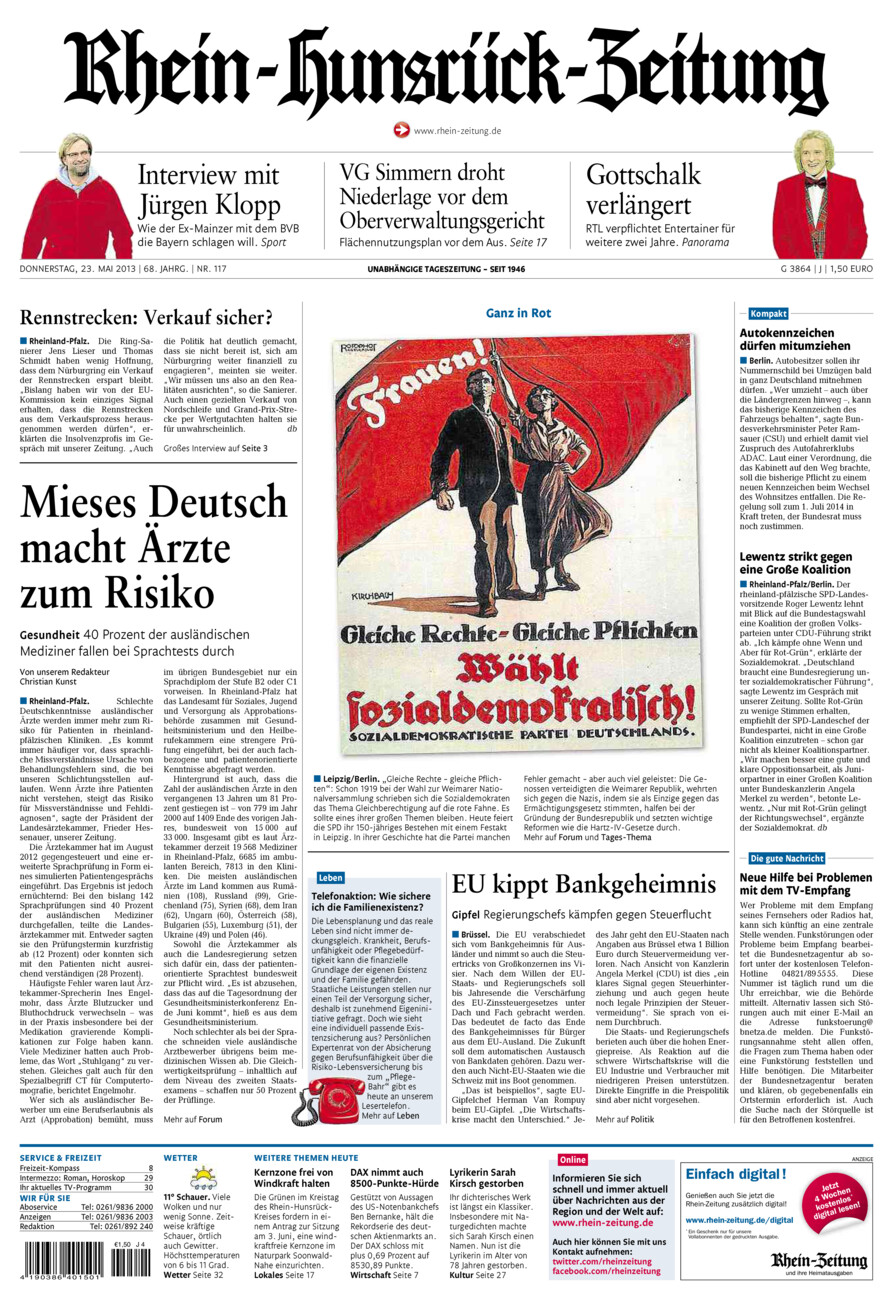 Rhein-Hunsrück-Zeitung vom Donnerstag, 23.05.2013