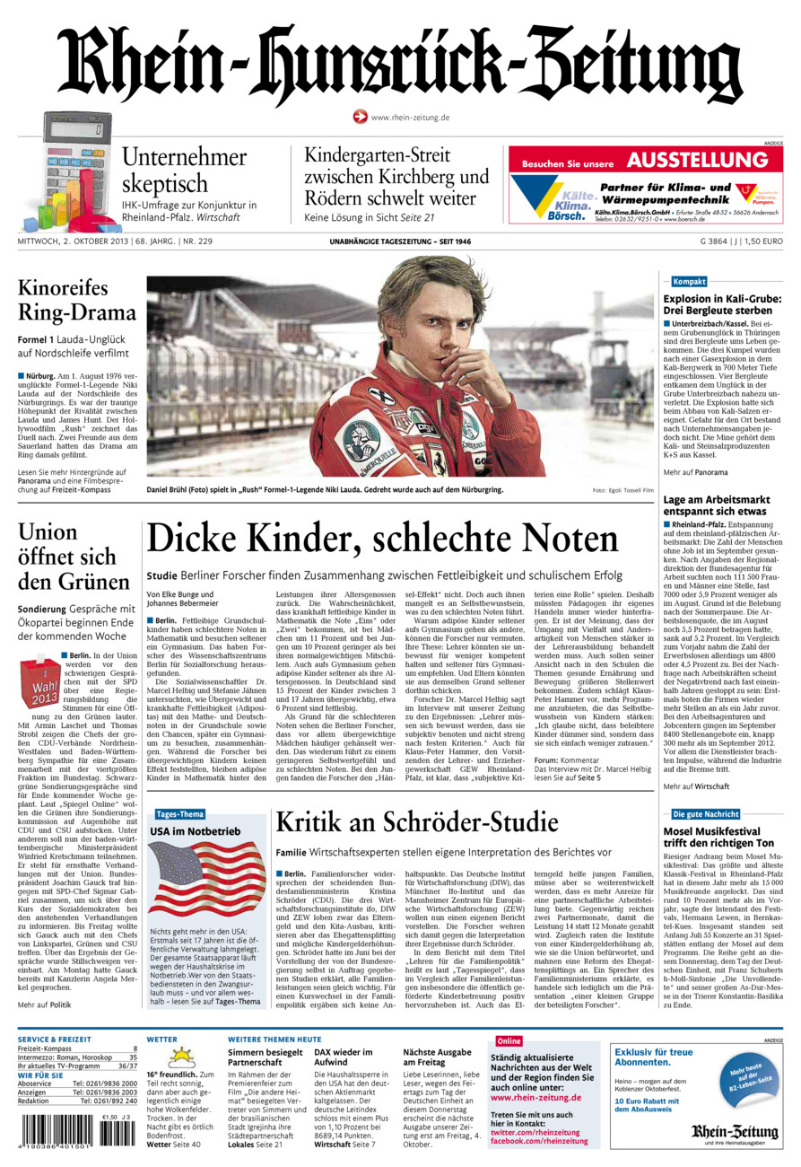 Rhein-Hunsrück-Zeitung vom Mittwoch, 02.10.2013