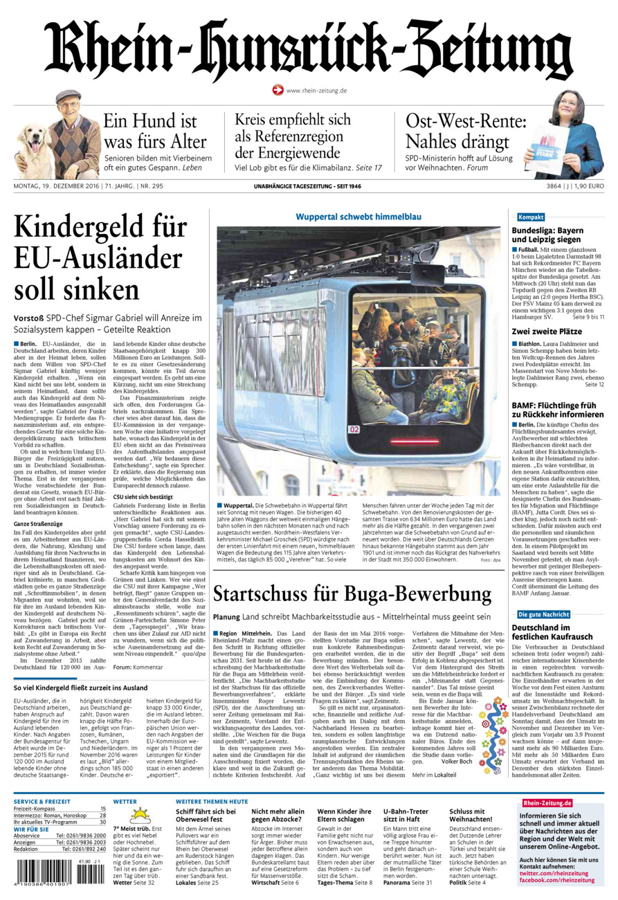 Rhein-Hunsrück-Zeitung vom Montag, 19.12.2016