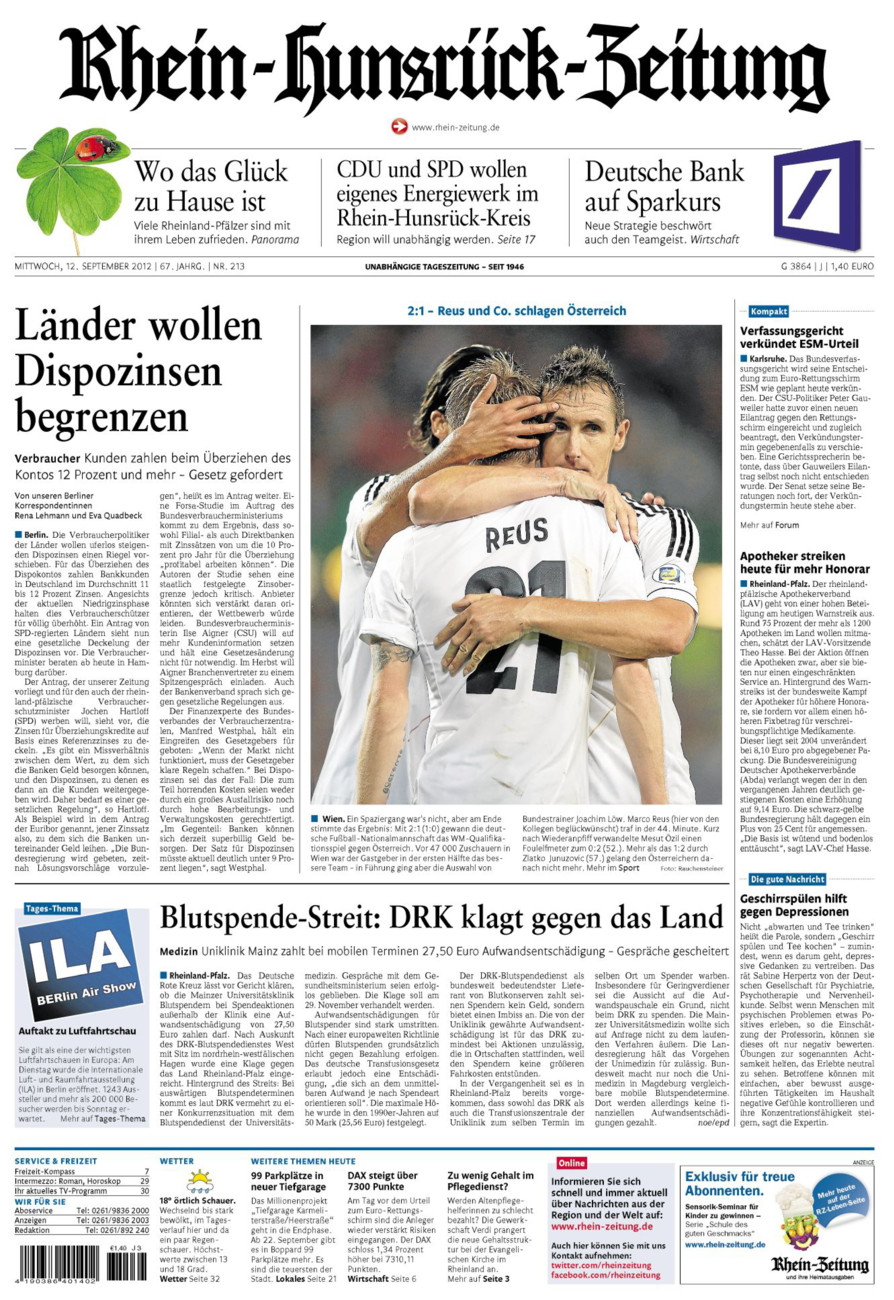 Rhein-Hunsrück-Zeitung vom Mittwoch, 12.09.2012