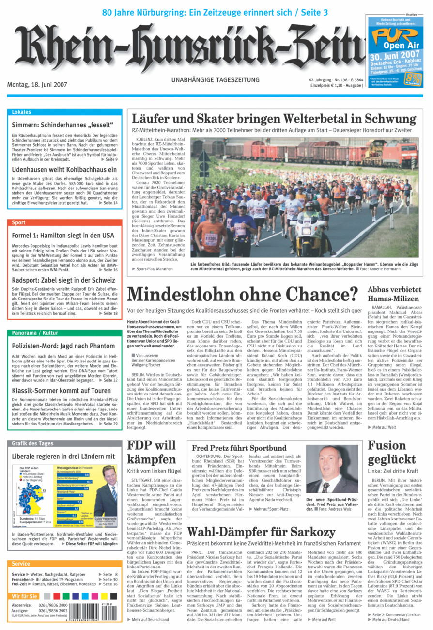 Rhein-Hunsrück-Zeitung vom Montag, 18.06.2007