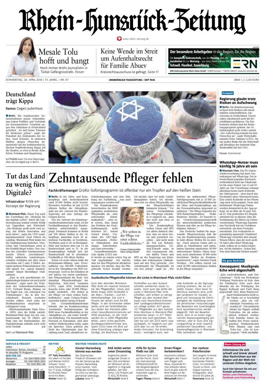 Rhein-Hunsrück-Zeitung vom Donnerstag, 26.04.2018