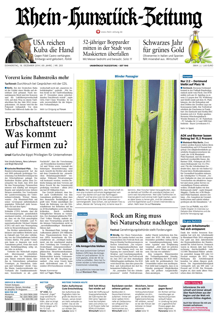 Rhein-Hunsrück-Zeitung vom Donnerstag, 18.12.2014