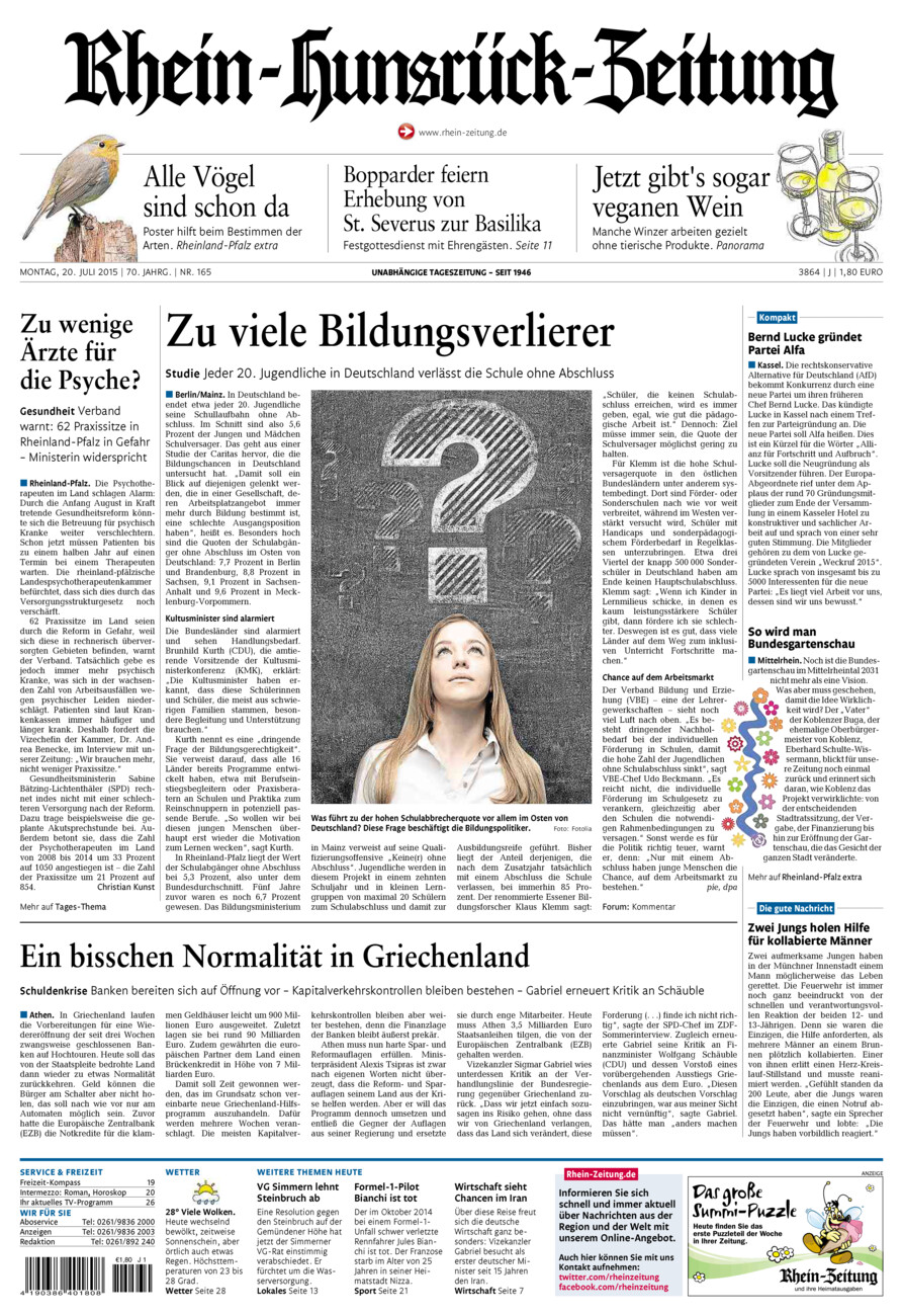 Rhein-Hunsrück-Zeitung vom Montag, 20.07.2015