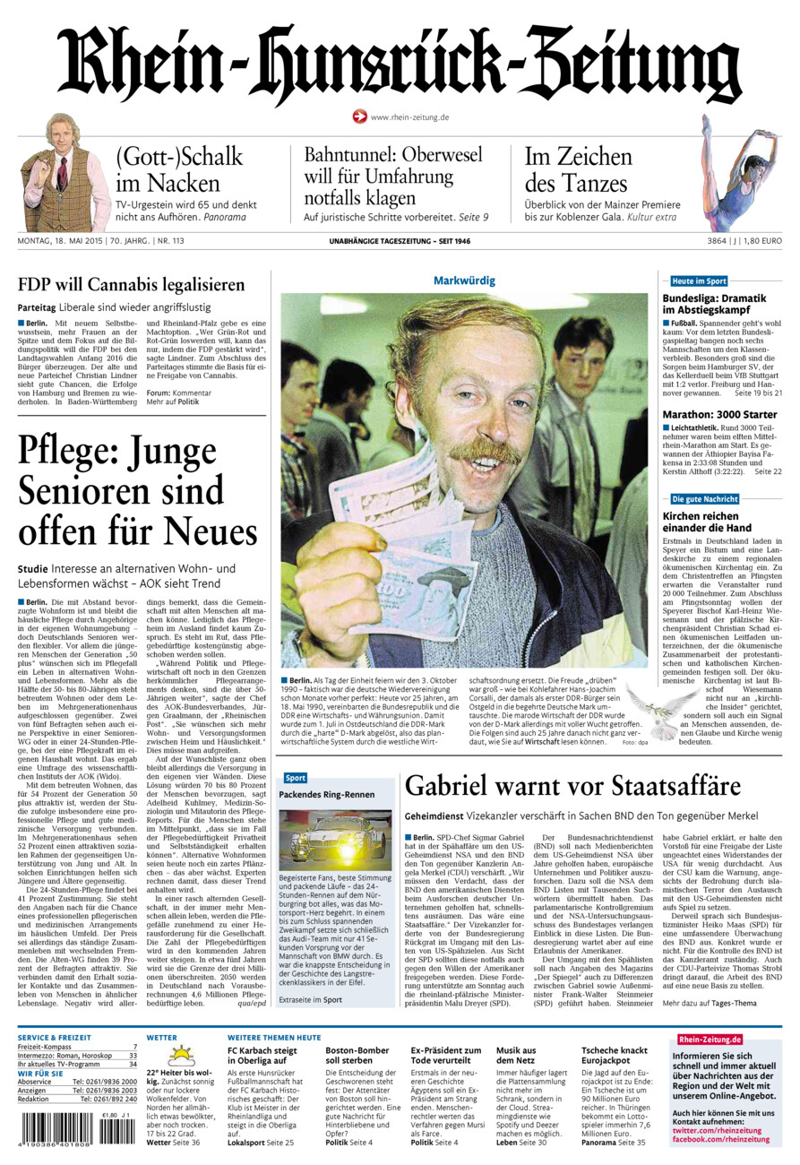 Rhein-Hunsrück-Zeitung vom Montag, 18.05.2015