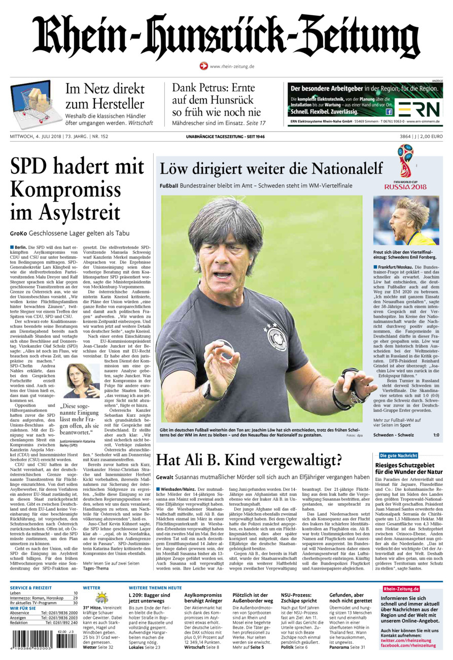 Rhein-Hunsrück-Zeitung vom Mittwoch, 04.07.2018