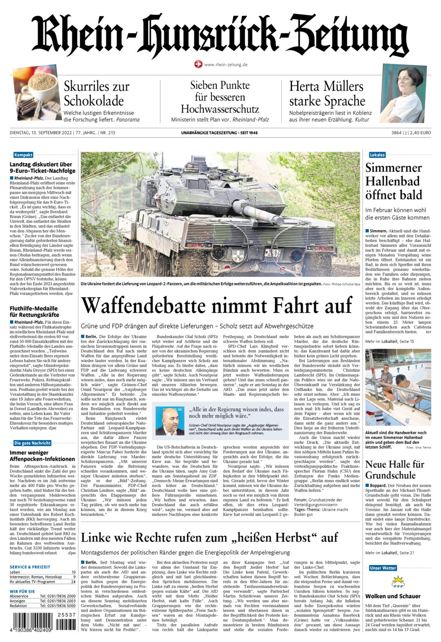 Rhein-Hunsrück-Zeitung vom Dienstag, 13.09.2022