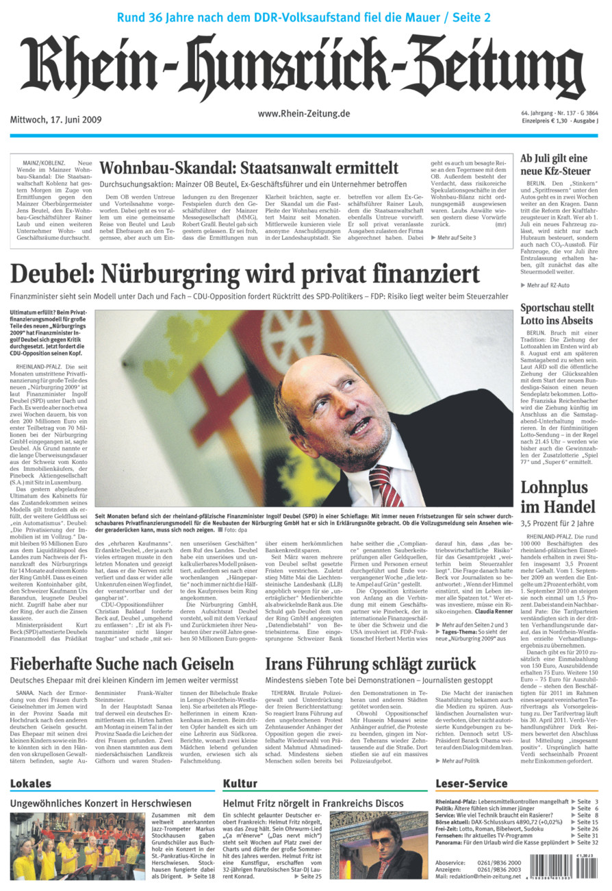 Rhein-Hunsrück-Zeitung vom Mittwoch, 17.06.2009