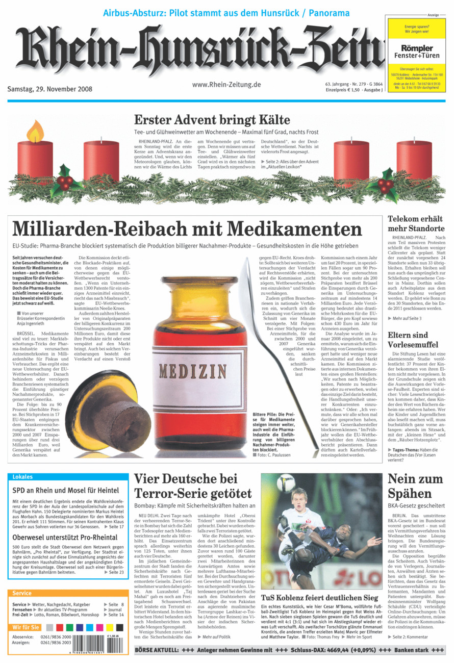 Rhein-Hunsrück-Zeitung vom Samstag, 29.11.2008