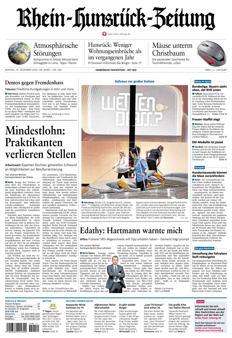 Rhein-Hunsrück-Zeitung vom Montag, 15.12.2014
