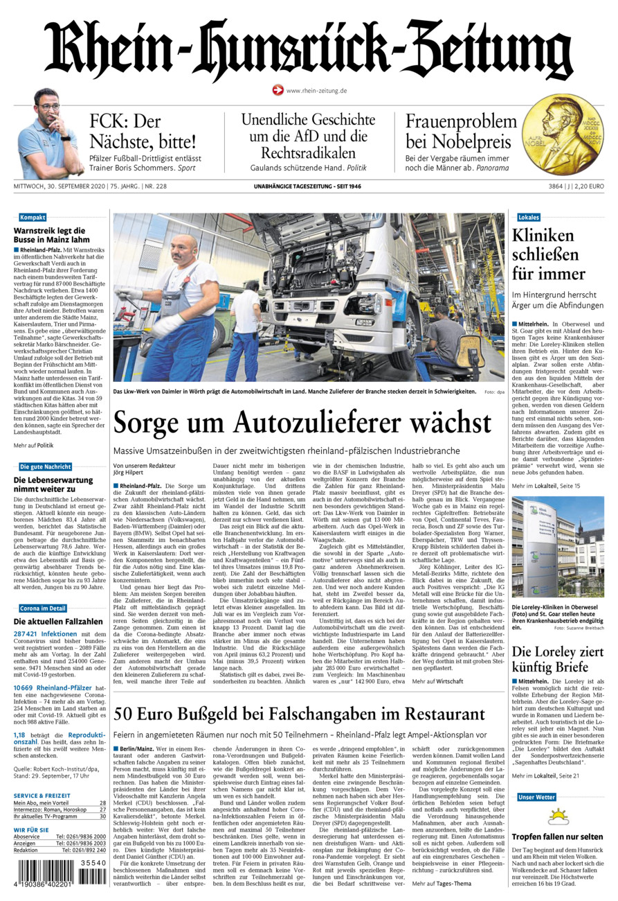 Rhein-Hunsrück-Zeitung vom Mittwoch, 30.09.2020