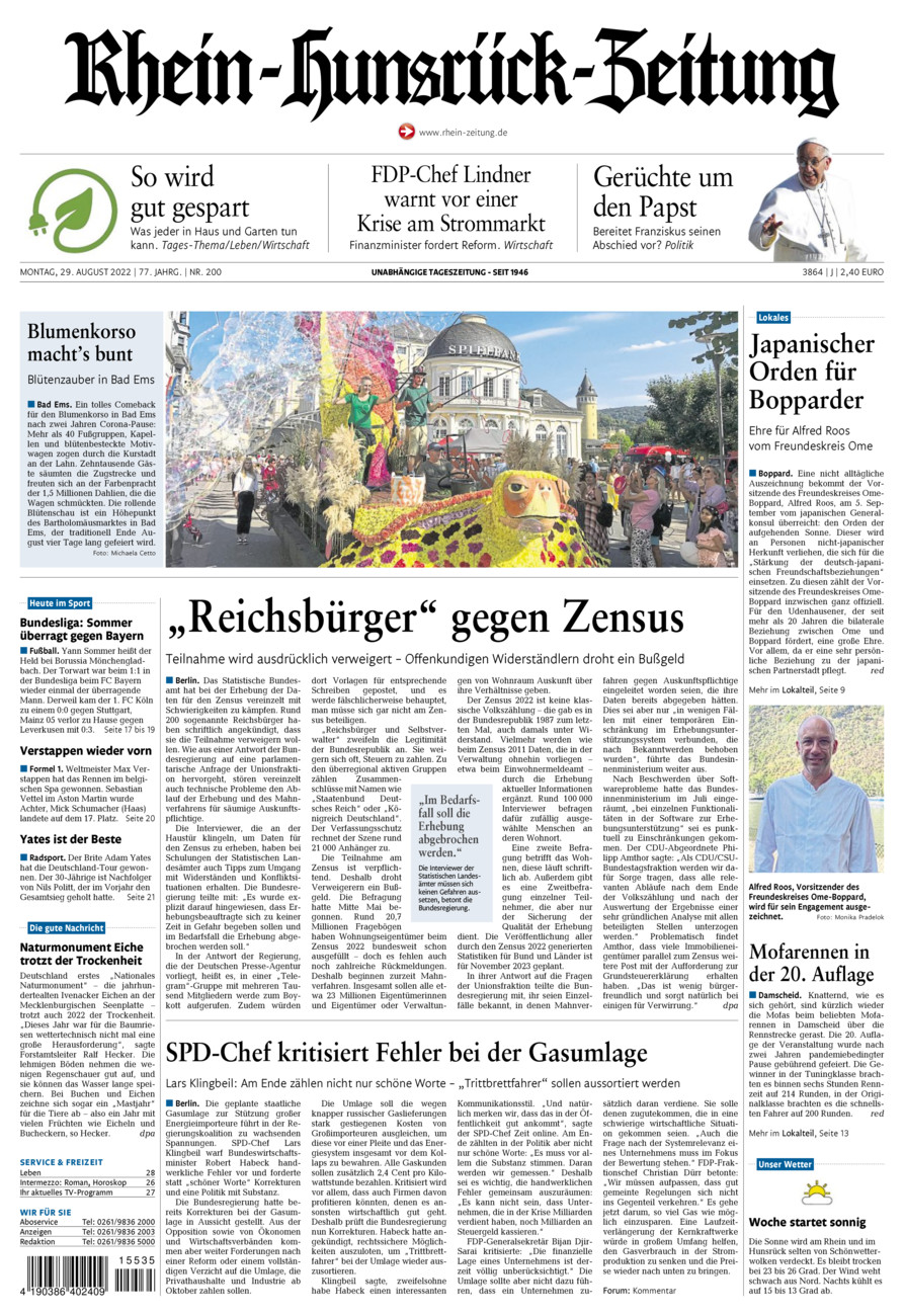 Rhein-Hunsrück-Zeitung vom Montag, 29.08.2022