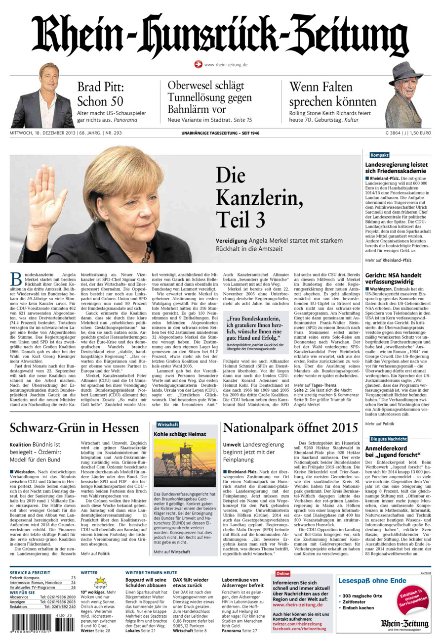 Rhein-Hunsrück-Zeitung vom Mittwoch, 18.12.2013