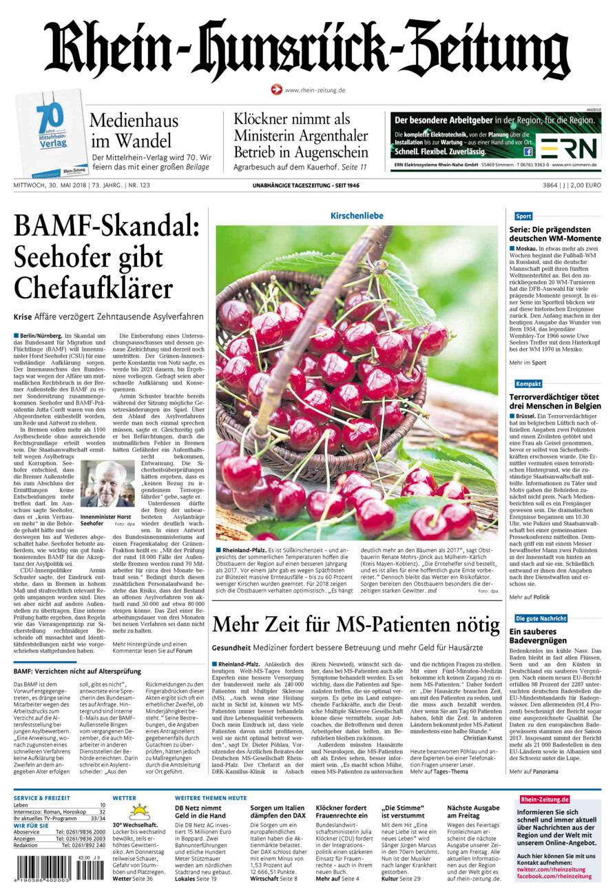 Rhein-Hunsrück-Zeitung vom Mittwoch, 30.05.2018