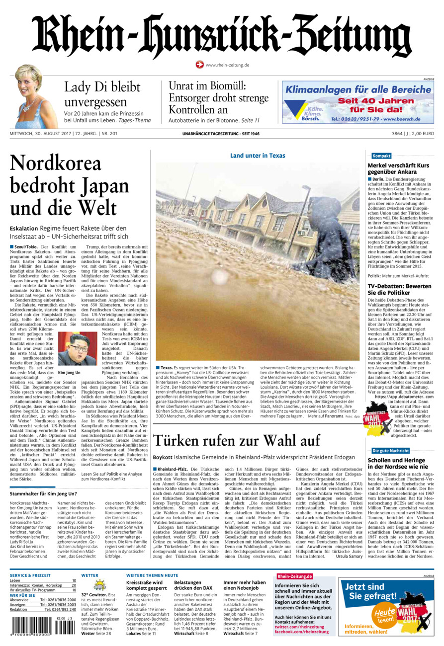 Rhein-Hunsrück-Zeitung vom Mittwoch, 30.08.2017