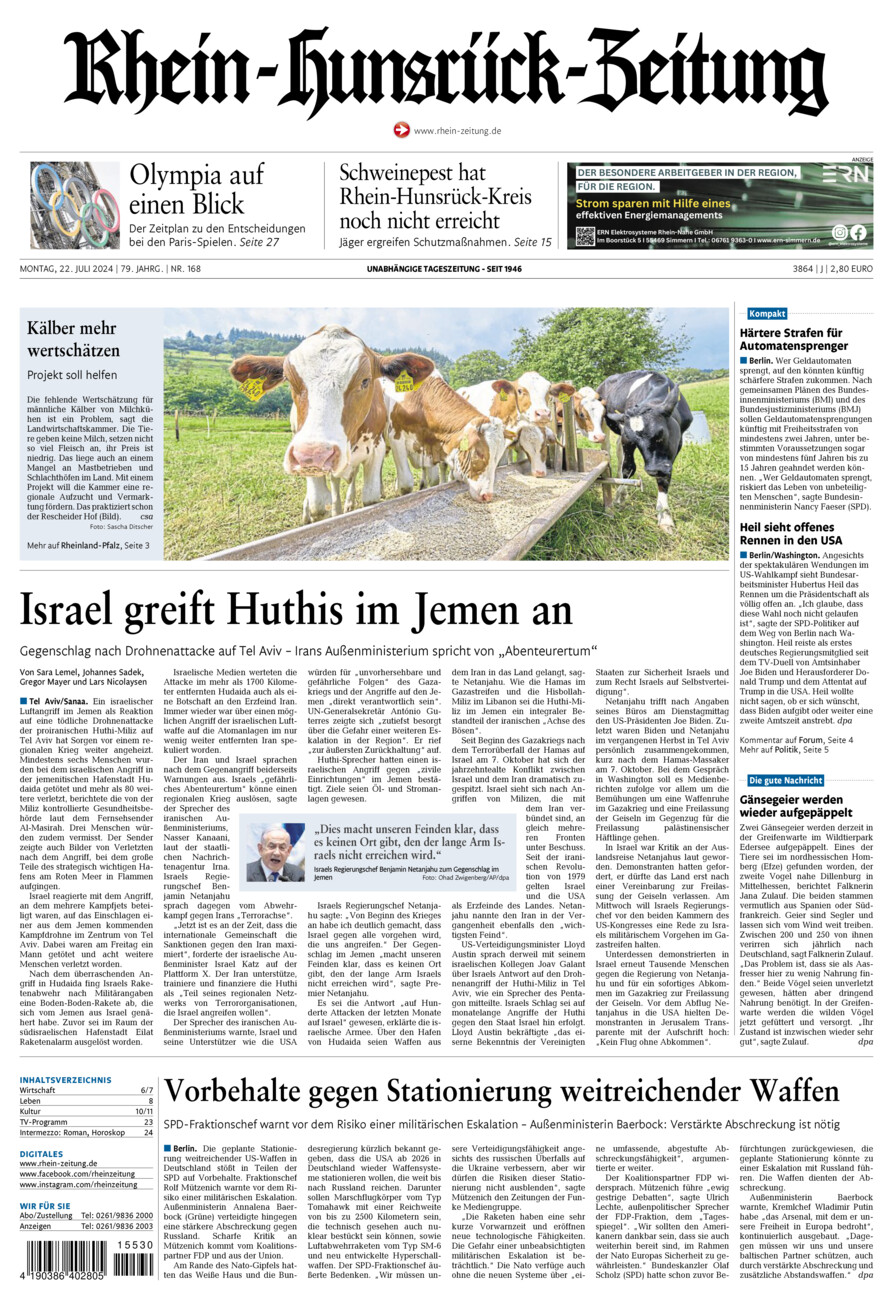 Rhein-Hunsrück-Zeitung vom Montag, 22.07.2024