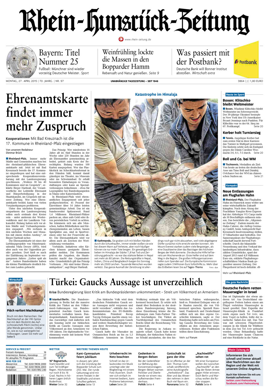 Rhein-Hunsrück-Zeitung vom Montag, 27.04.2015