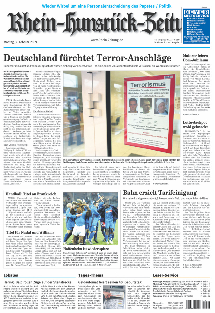 Rhein-Hunsrück-Zeitung vom Montag, 02.02.2009