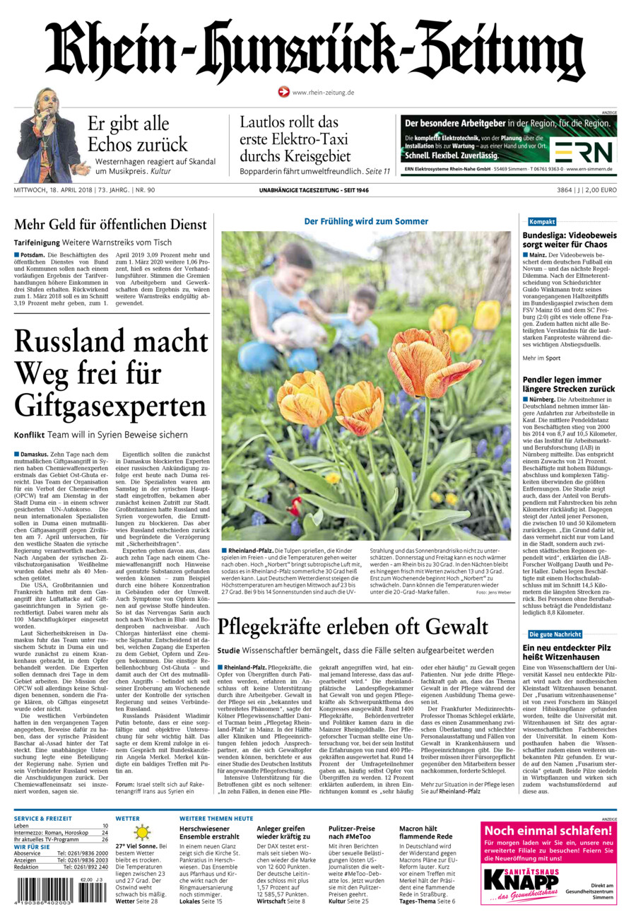 Rhein-Hunsrück-Zeitung vom Mittwoch, 18.04.2018