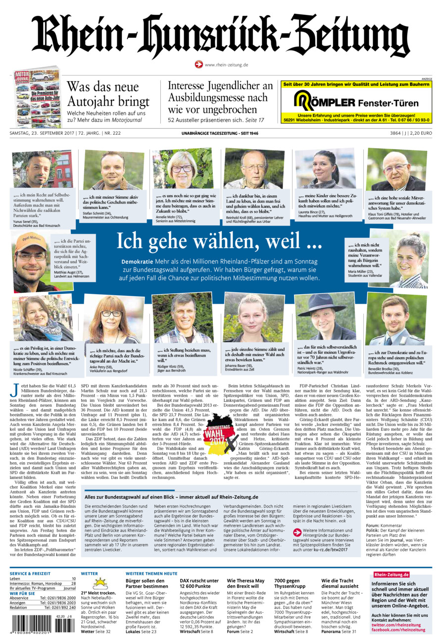 Rhein-Hunsrück-Zeitung vom Samstag, 23.09.2017