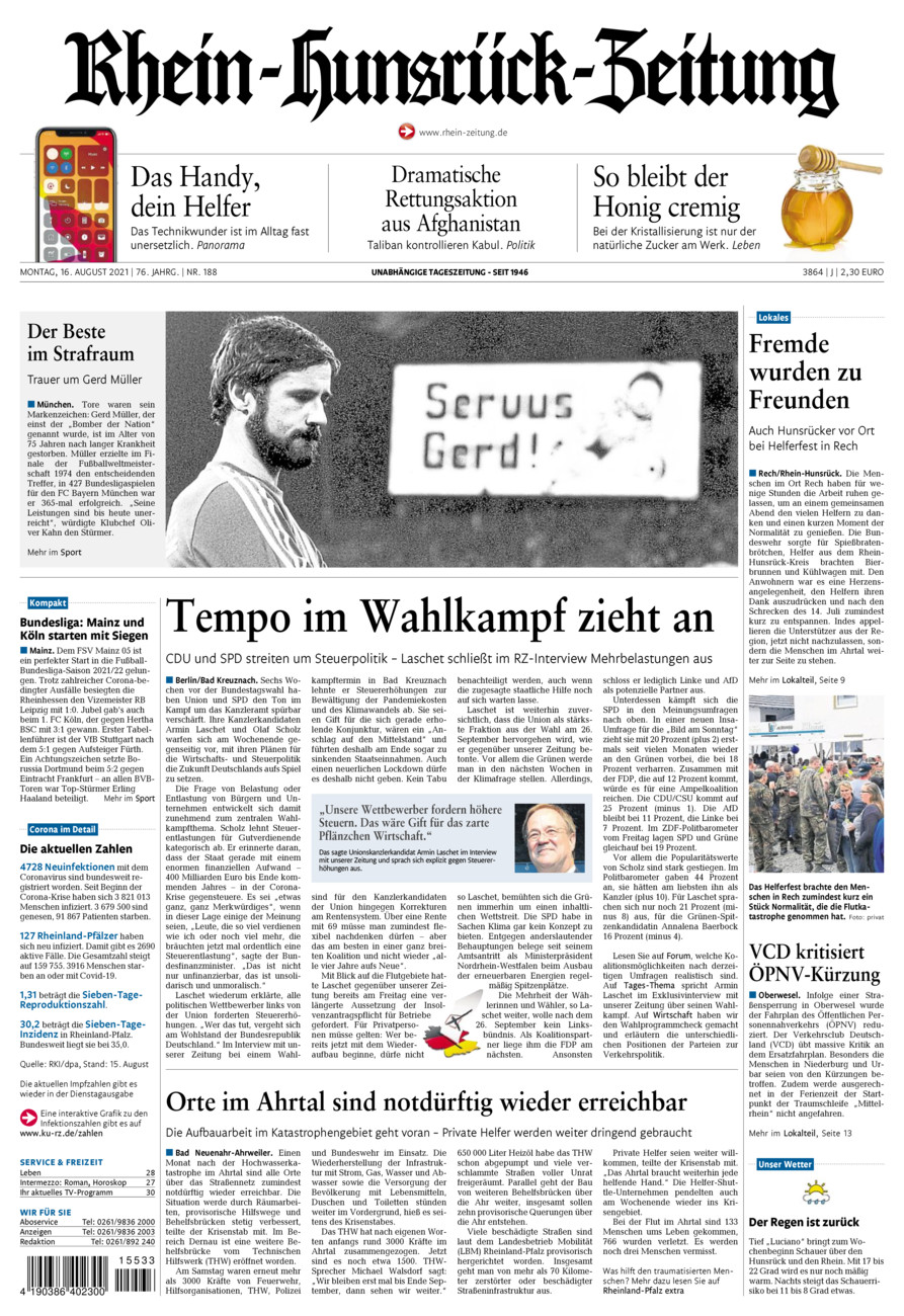 Rhein-Hunsrück-Zeitung vom Montag, 16.08.2021