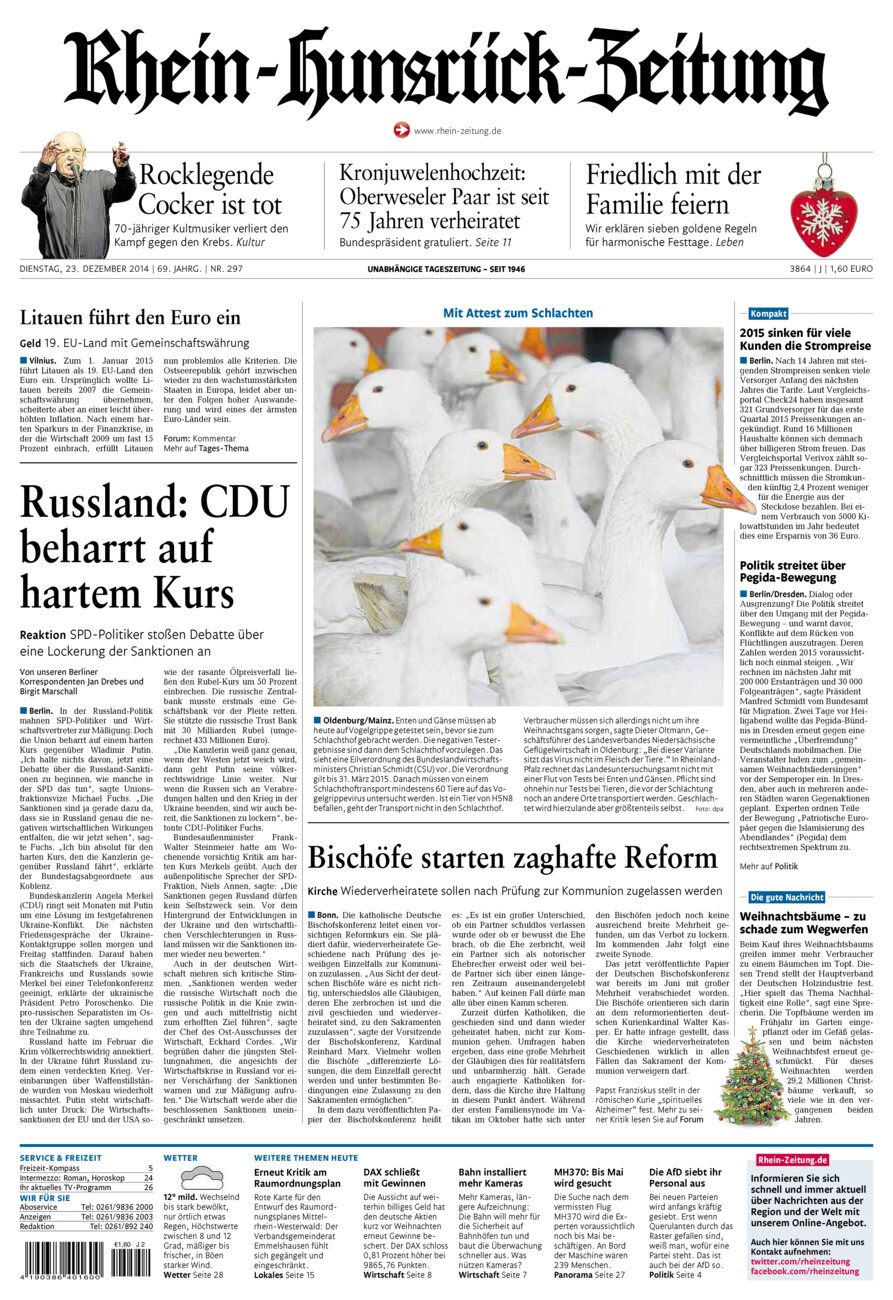 Rhein-Hunsrück-Zeitung vom Dienstag, 23.12.2014