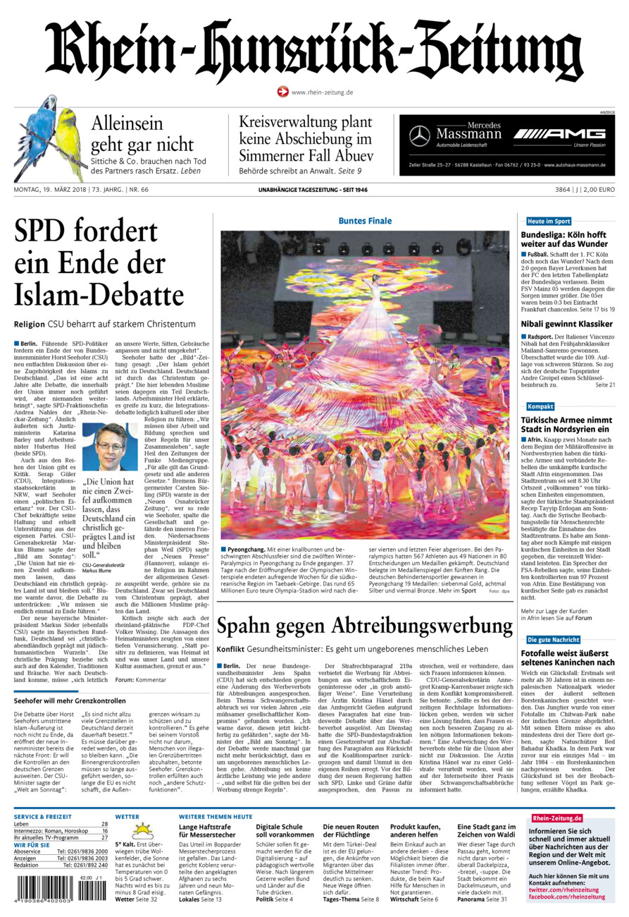Rhein-Hunsrück-Zeitung vom Montag, 19.03.2018