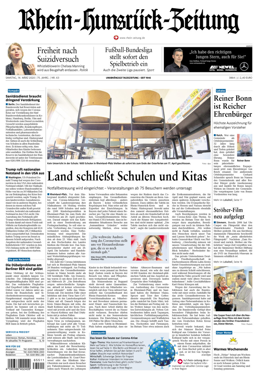 Rhein-Hunsrück-Zeitung vom Samstag, 14.03.2020