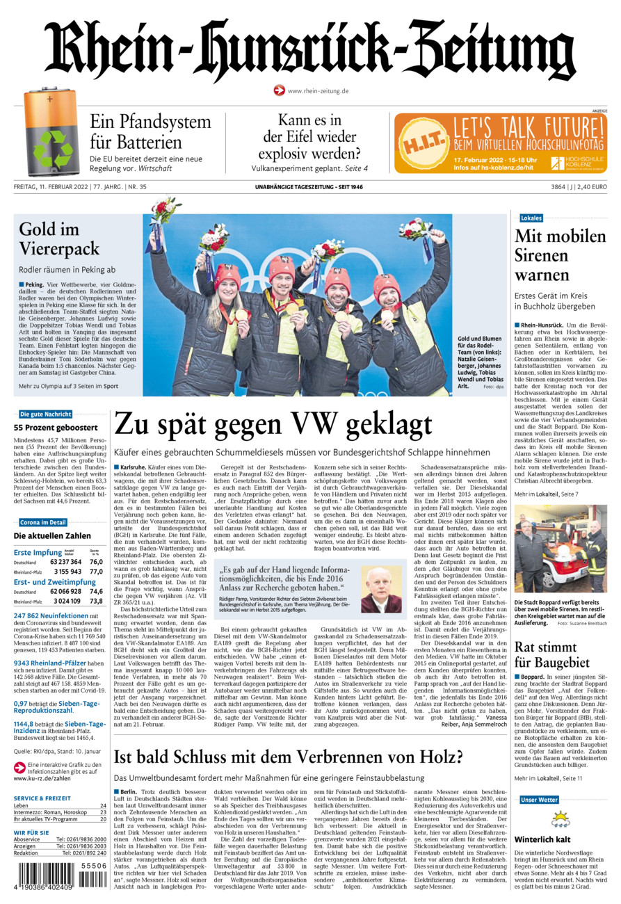 Rhein-Hunsrück-Zeitung vom Freitag, 11.02.2022