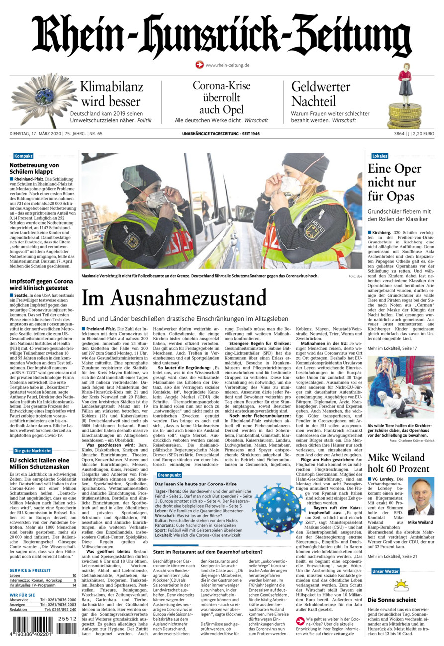 Rhein-Hunsrück-Zeitung vom Dienstag, 17.03.2020