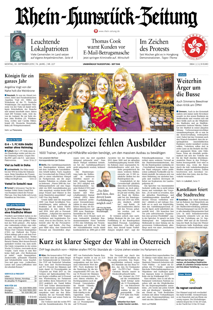 Rhein-Hunsrück-Zeitung vom Montag, 30.09.2019
