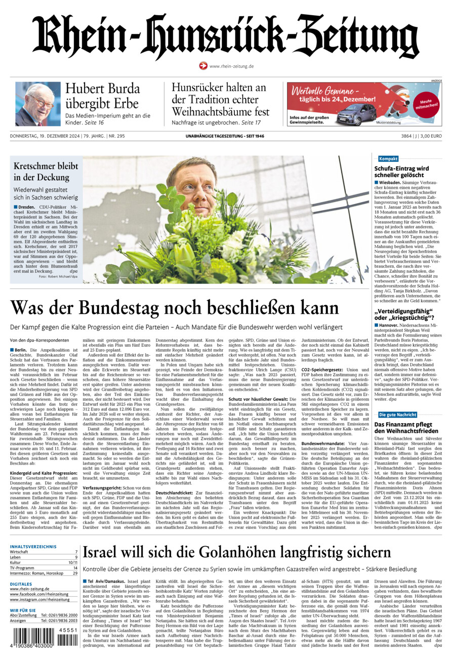 Rhein-Hunsrück-Zeitung vom Donnerstag, 19.12.2024