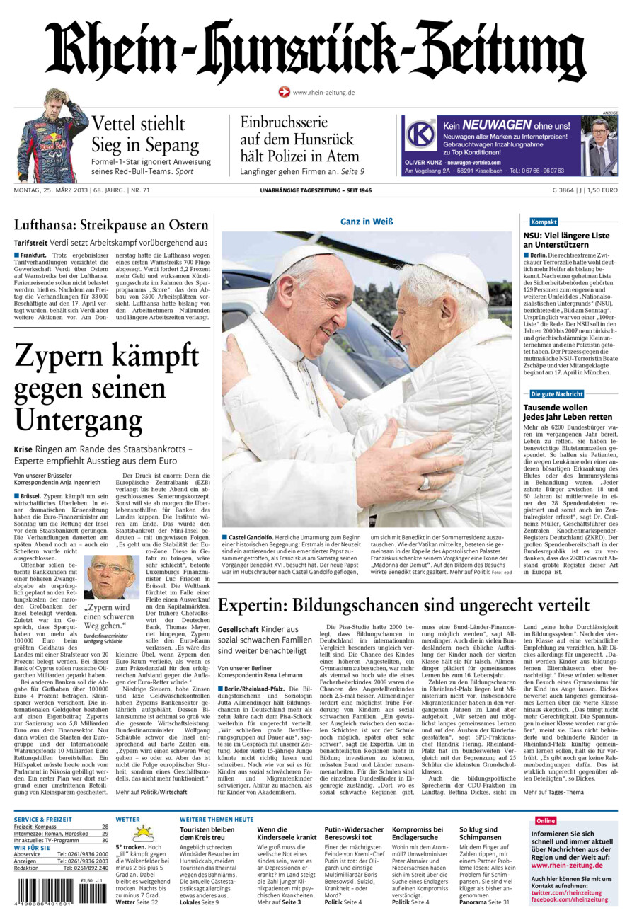 Rhein-Hunsrück-Zeitung vom Montag, 25.03.2013