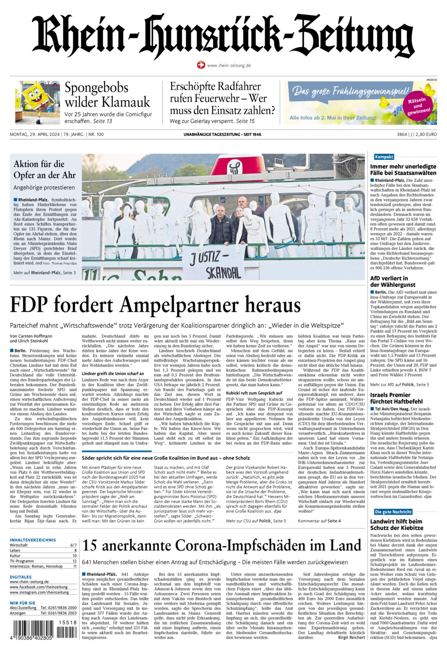 Rhein-Hunsrück-Zeitung vom Montag, 29.04.2024