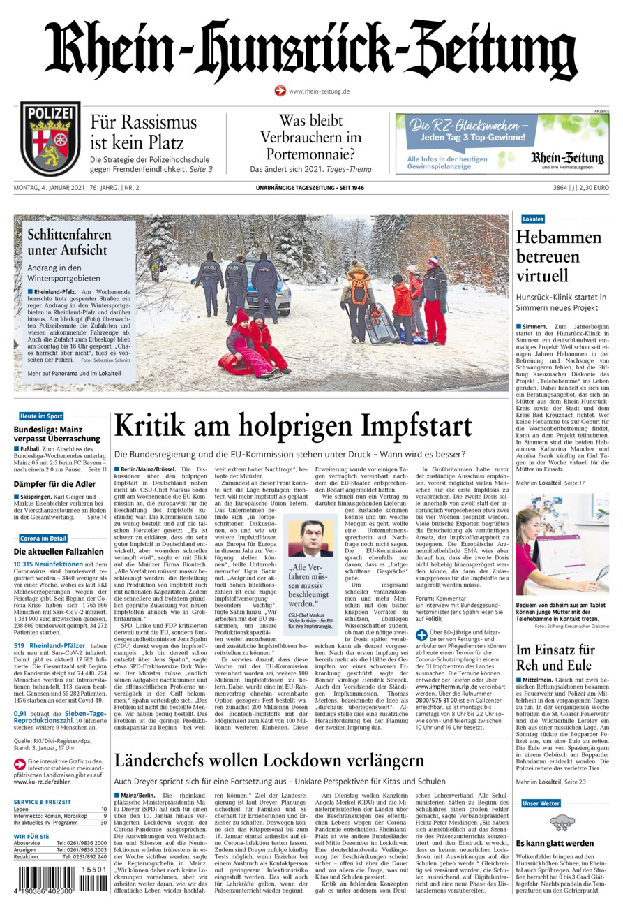 Rhein-Hunsrück-Zeitung vom Montag, 04.01.2021