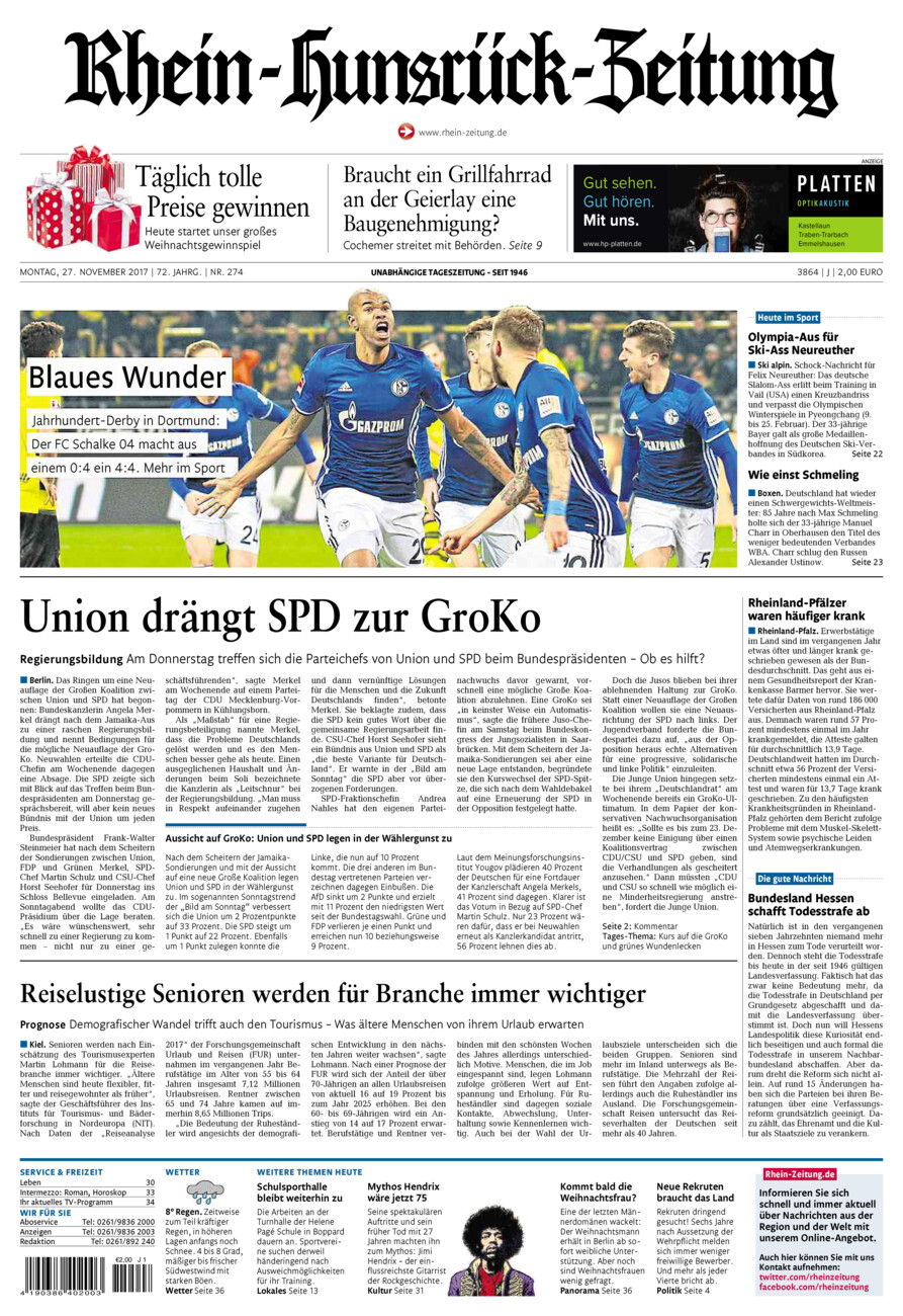 Rhein-Hunsrück-Zeitung vom Montag, 27.11.2017