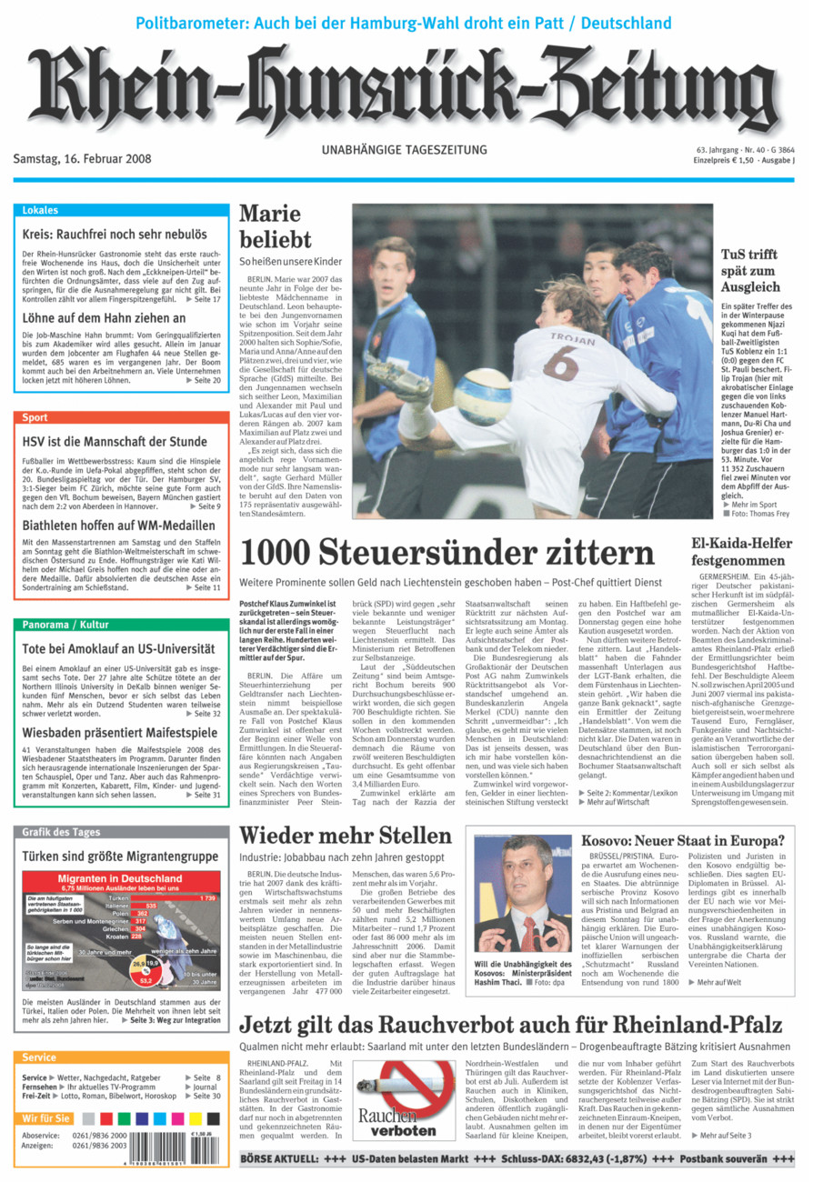 Rhein-Hunsrück-Zeitung vom Samstag, 16.02.2008