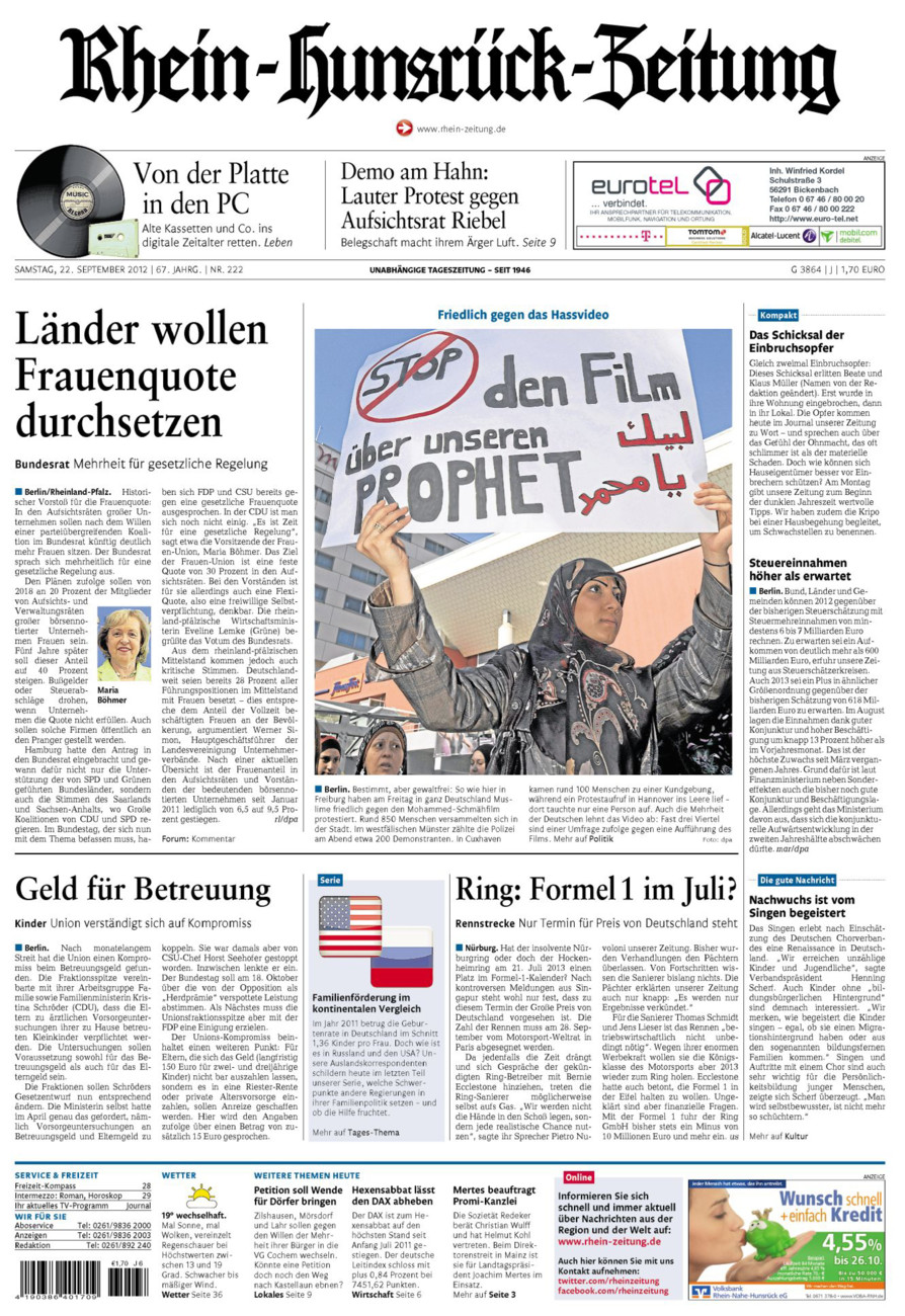 Rhein-Hunsrück-Zeitung vom Samstag, 22.09.2012