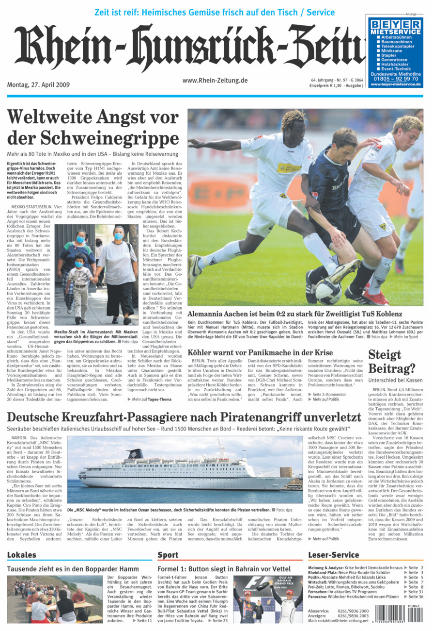 Rhein-Hunsrück-Zeitung vom Montag, 27.04.2009