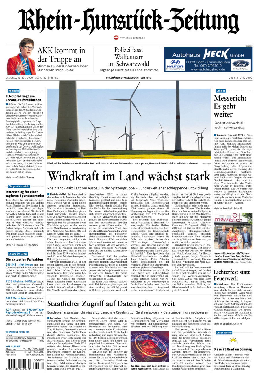 Rhein-Hunsrück-Zeitung vom Samstag, 18.07.2020