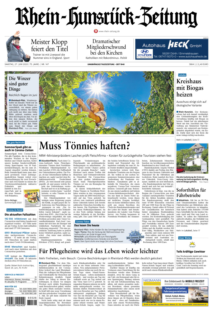 Rhein-Hunsrück-Zeitung vom Samstag, 27.06.2020