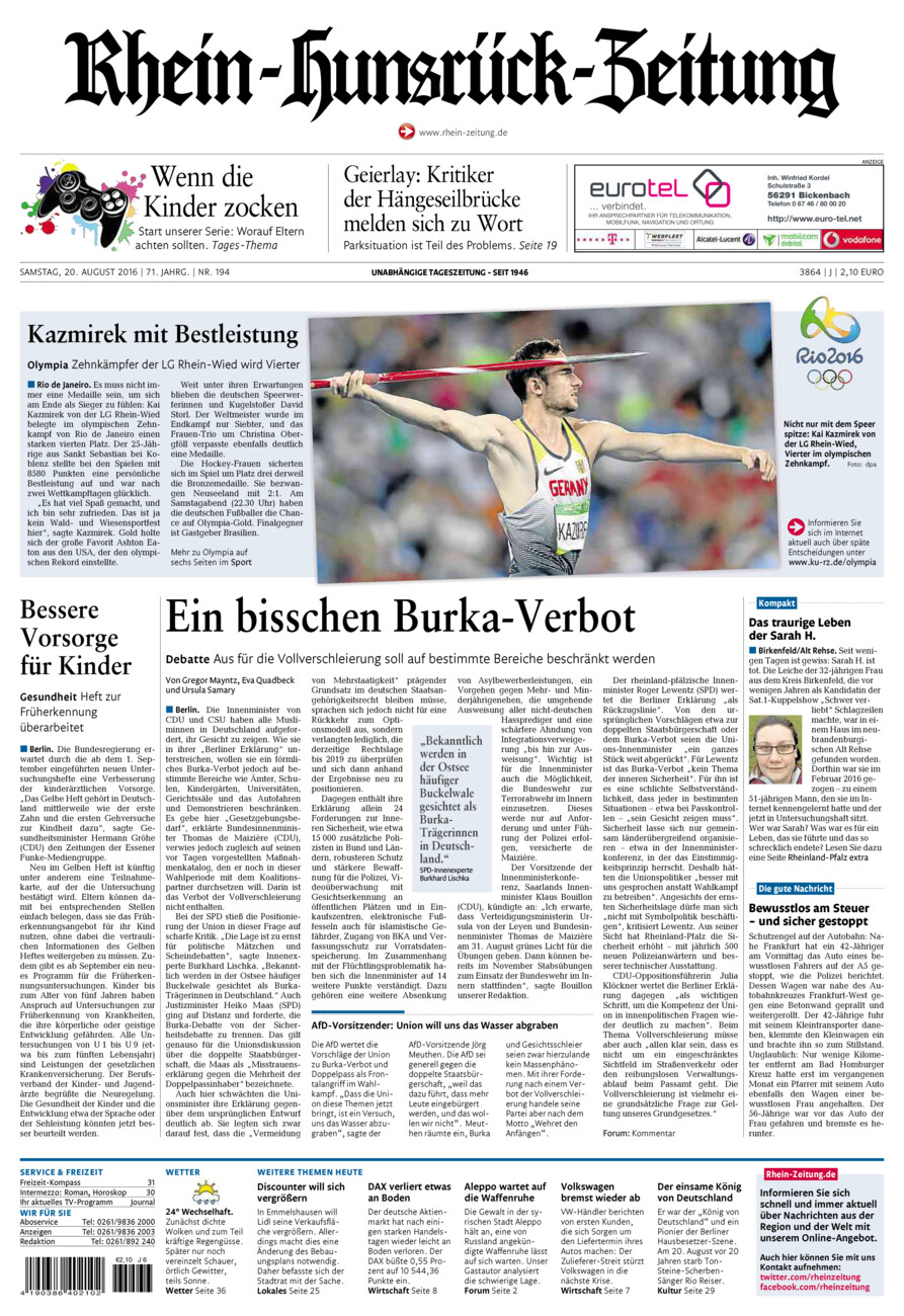 Rhein-Hunsrück-Zeitung vom Samstag, 20.08.2016