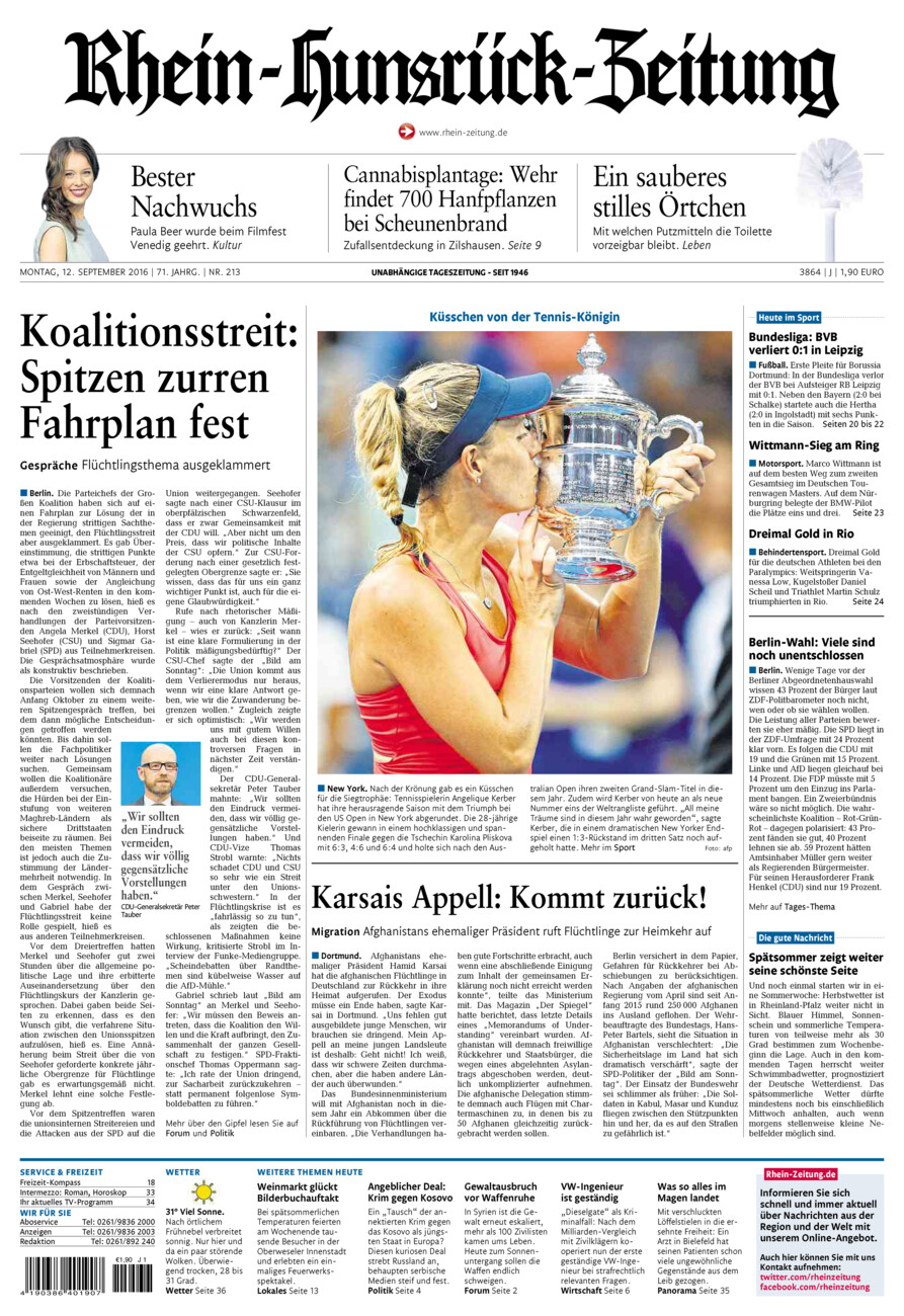 Rhein-Hunsrück-Zeitung vom Montag, 12.09.2016