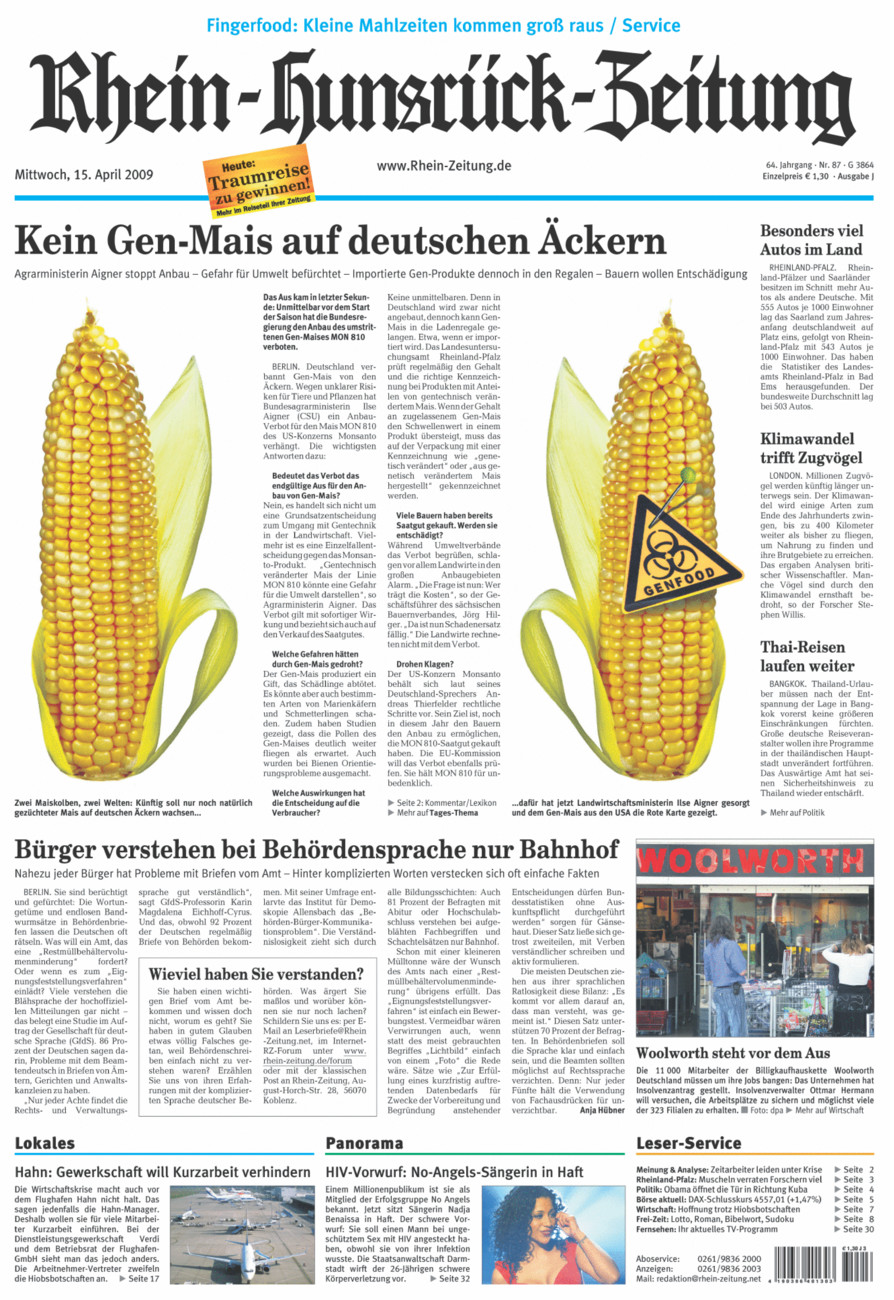 Rhein-Hunsrück-Zeitung vom Mittwoch, 15.04.2009