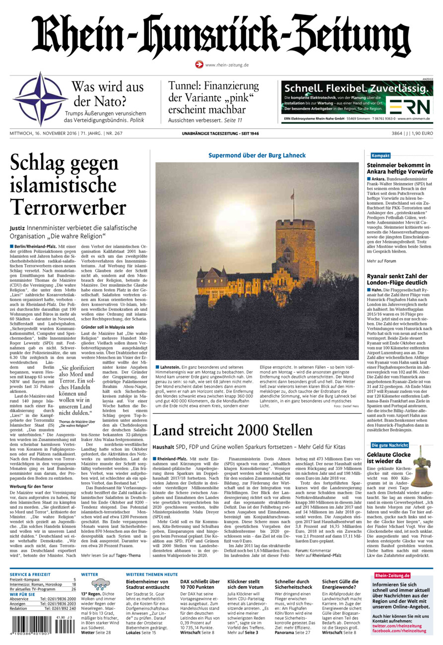 Rhein-Hunsrück-Zeitung vom Mittwoch, 16.11.2016