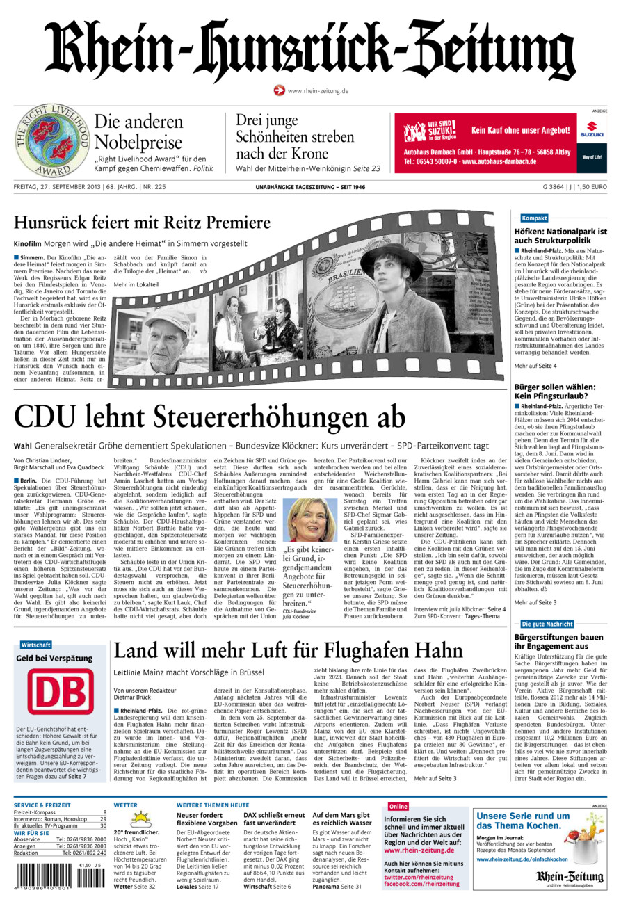 Rhein-Hunsrück-Zeitung vom Freitag, 27.09.2013