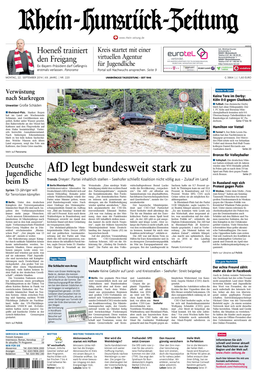 Rhein-Hunsrück-Zeitung vom Montag, 22.09.2014